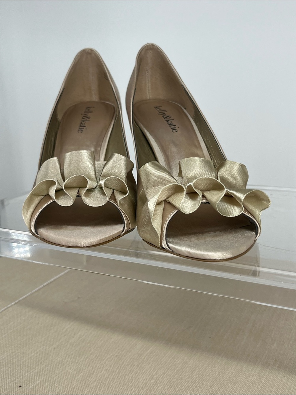 Kelly & Katie Gold Satin Peep-Toe Heels with Ruffle Accent